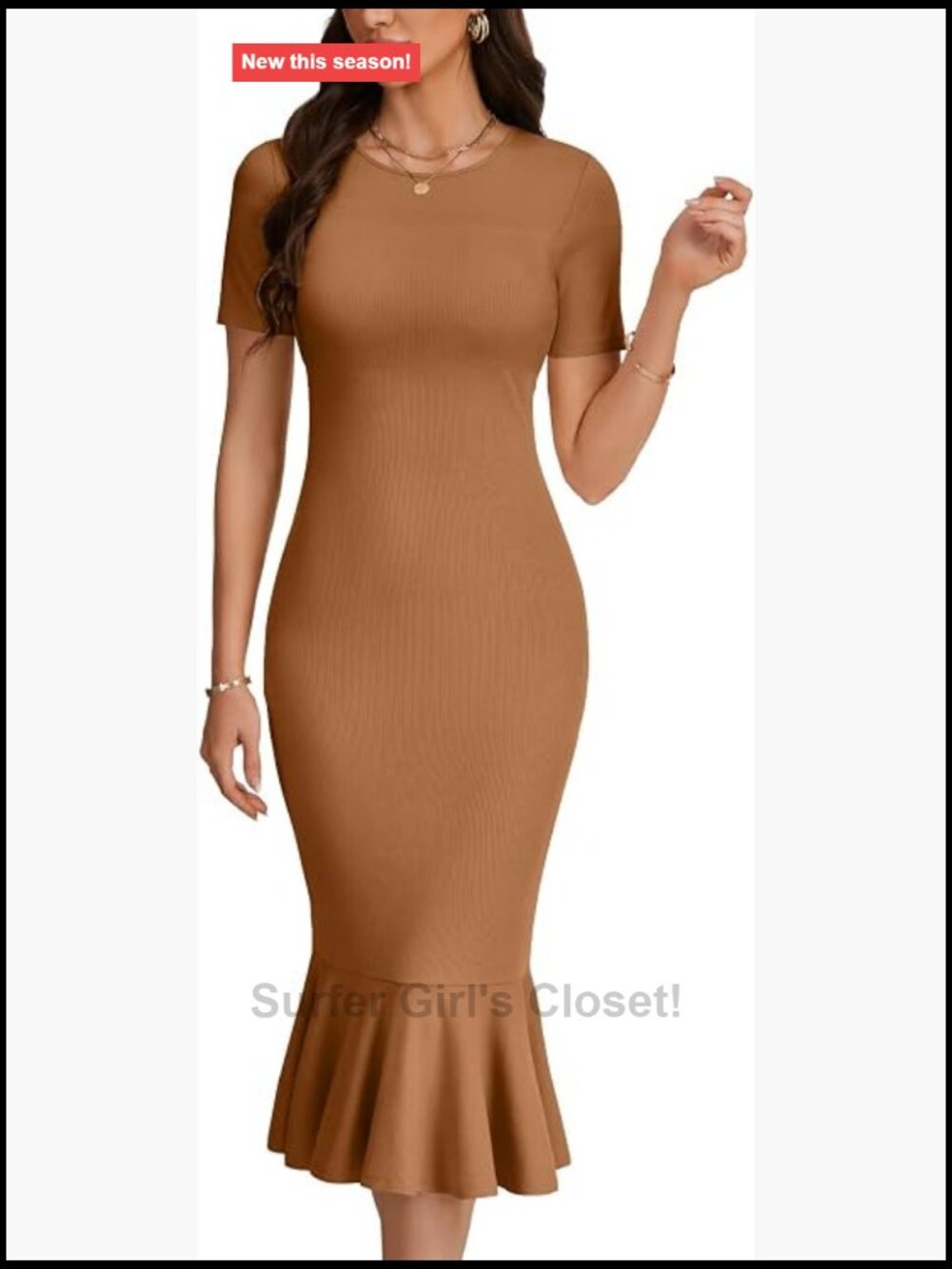Ribbed Knit Bodycon Mermaid Dress with Ruffle Hem, Round Neck, Sleeveless